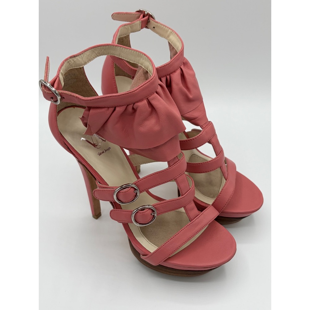 Velvet Angels Moulin Rouge Rose Pink Leather Ruffle Platform Sandals Size 5.5